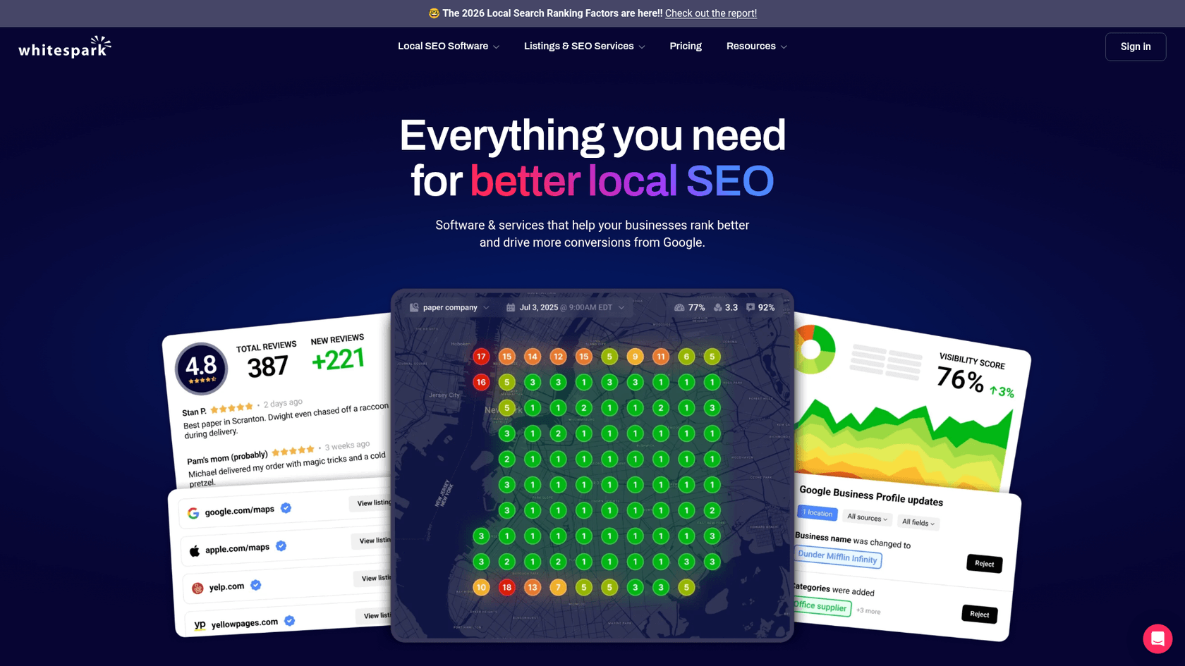 Uma captura de tela da página inicial da Whitespark, destacando suas ferramentas especializadas de SEO local para gerenciamento de citações.