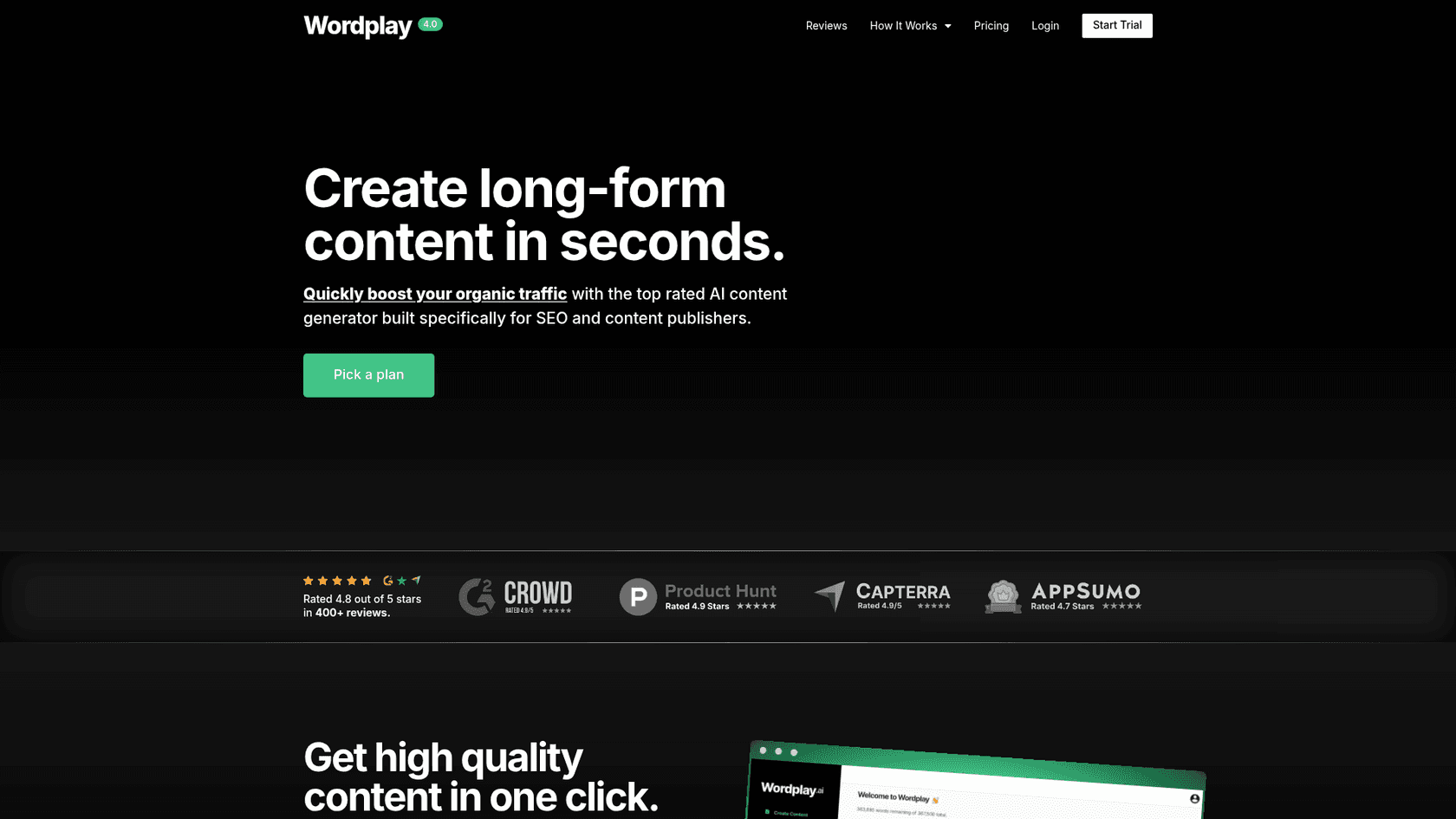Una captura de pantalla de la página de inicio de la herramienta de generación de blogs masivo Wordplay.