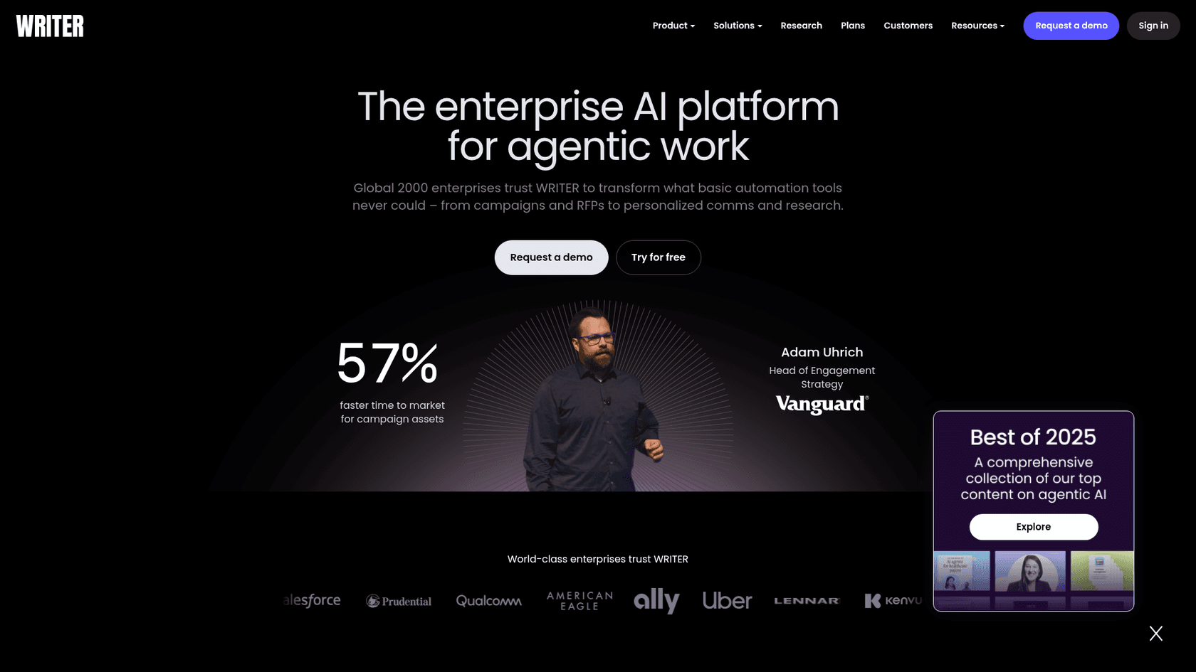 A screenshot of the Writer.com homepage, a brand consistency tool for an enterprise-level AI blog writer quality checklist.