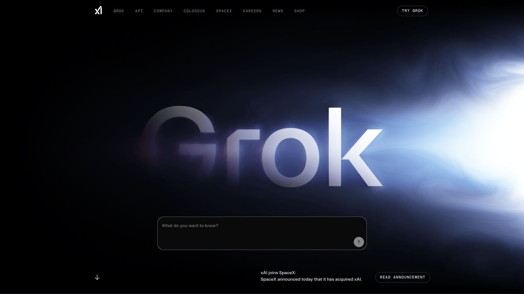 A screenshot of the xAI Grok homepage, a model with a massive context window and one of the unique Kimi K2.5 alternatives.