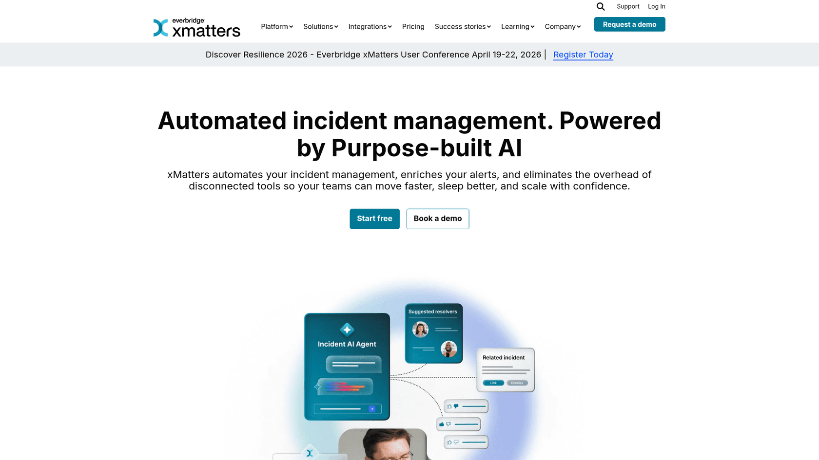 xMatters landing page showing incident management platform