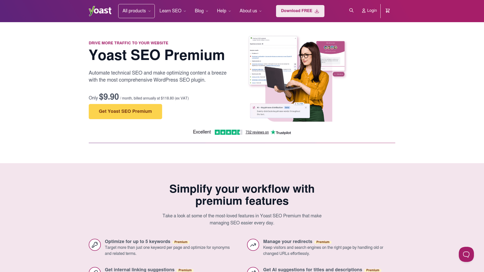 Ein Screenshot der Yoast SEO Premium-Homepage, ein Plugin, das beim Hinzufügen interner Links unterstützt.