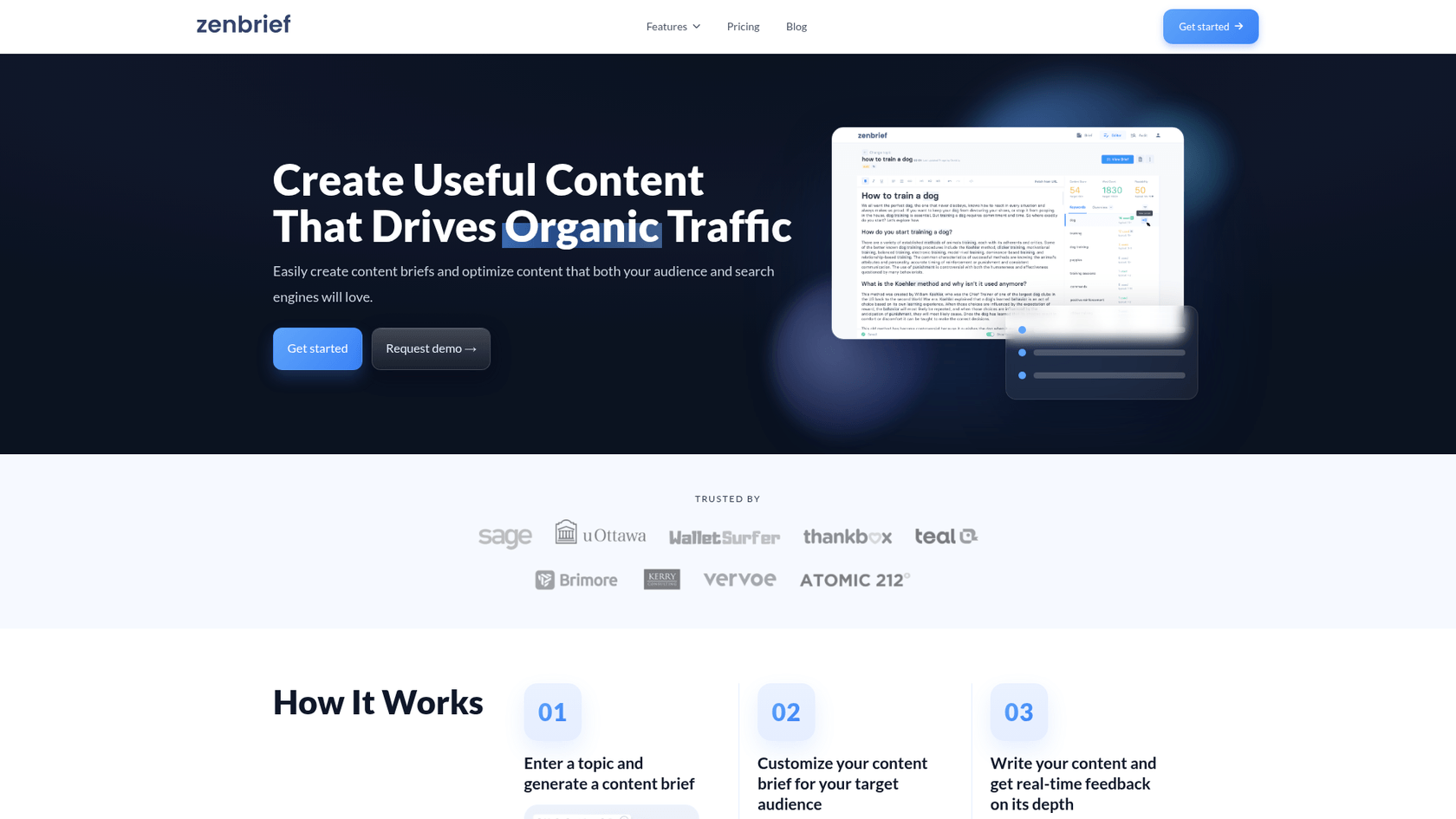 A screenshot of the Zenbrief homepage, a platform that provides a free NLP-based keyword clustering tool.