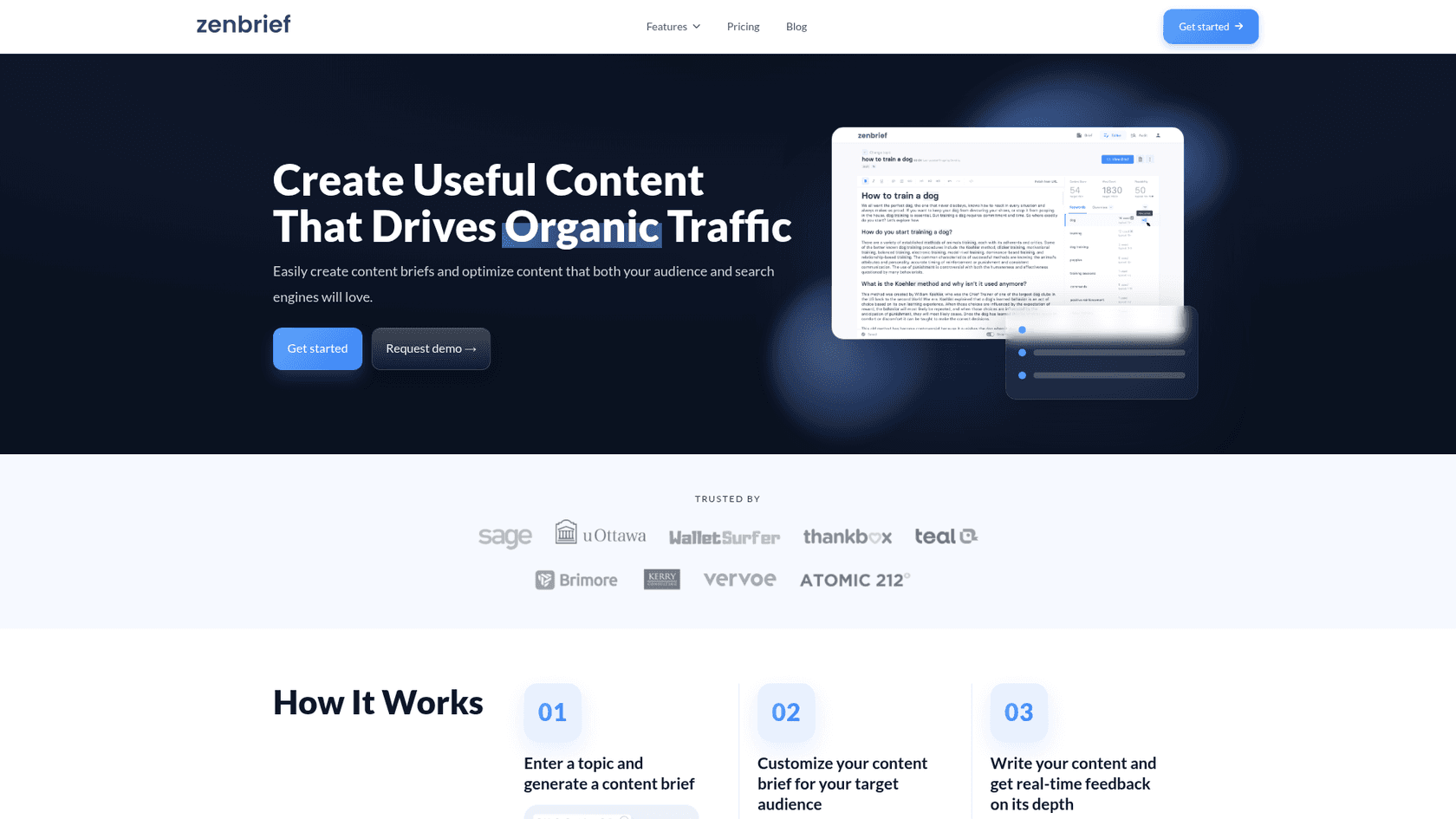 A screenshot of the Zenbrief homepage, a platform that provides a free NLP-based keyword clustering tool.