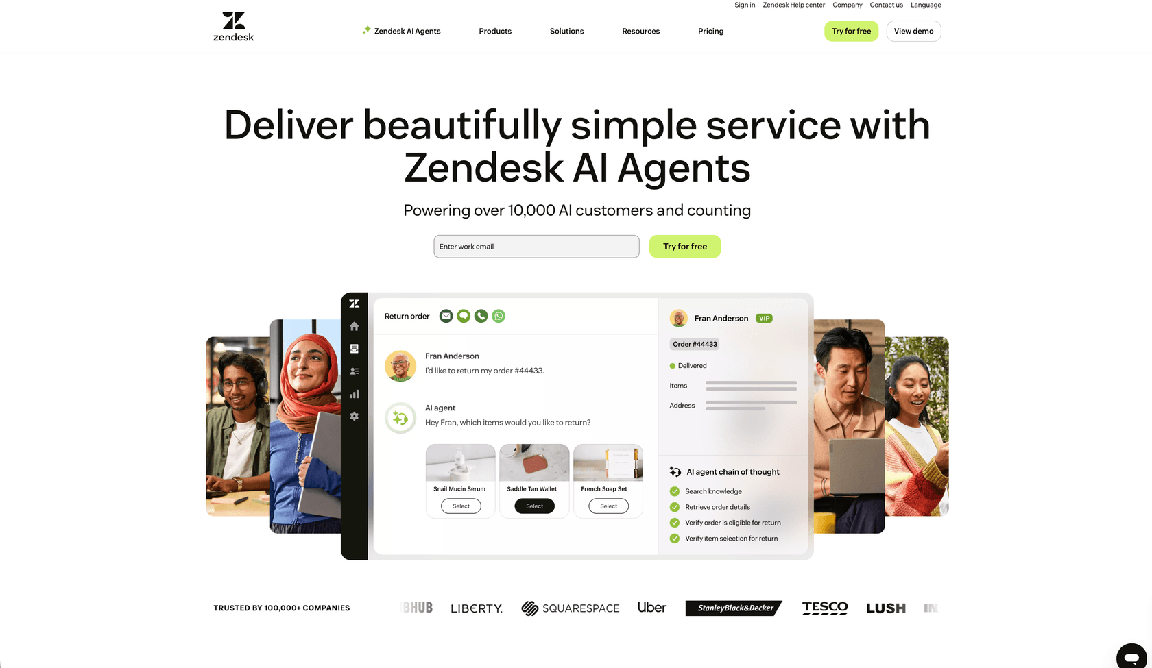 Zendesk customer service platform homepage