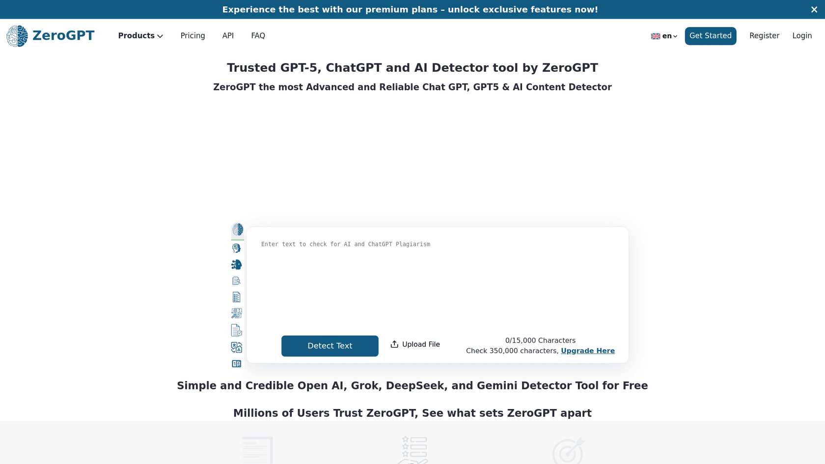 A screenshot of the ZeroGPT homepage, a free writer AI content detector tool.