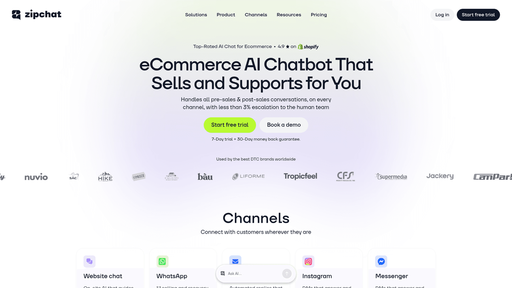 A screenshot of ZipChat AI's landing page.