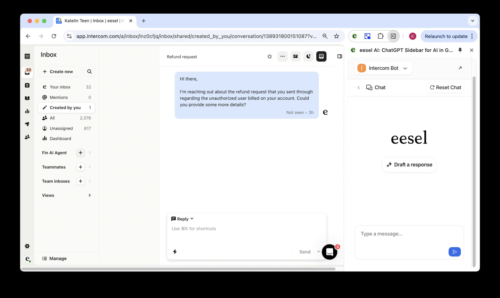eesel AI Copilot drafting personalized responses within Zendesk