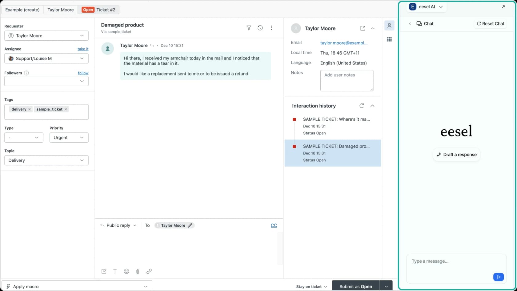 Zendesk dashboard with eesel AI extension active in the ticket view