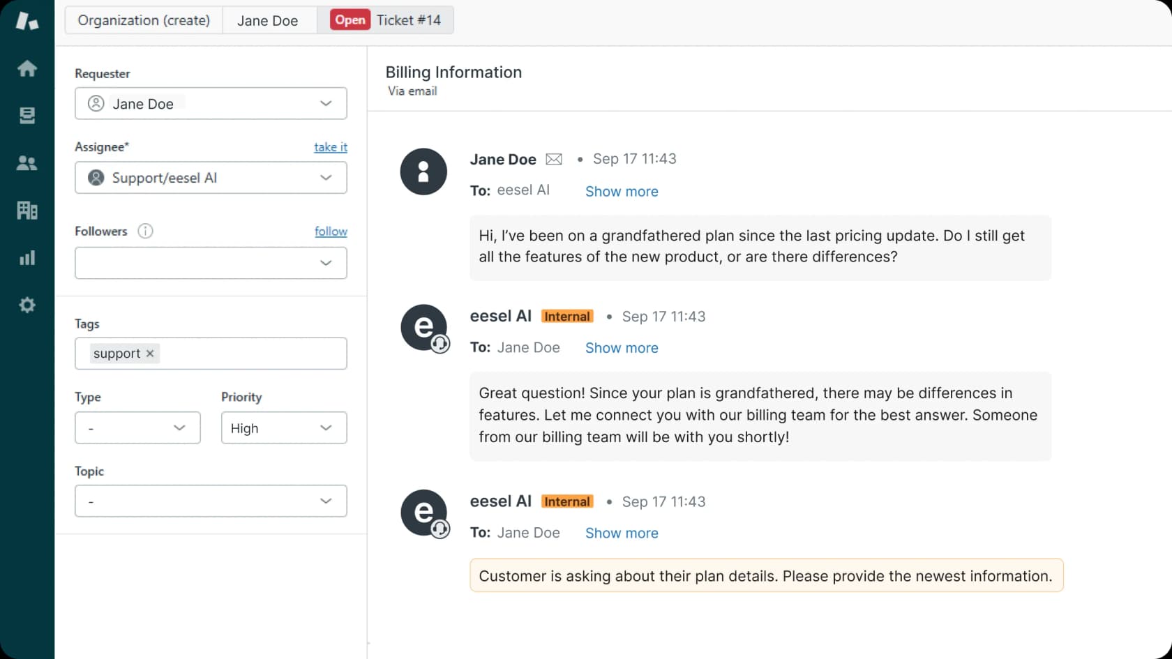 eesel AI escalates a ticket to a human agent.