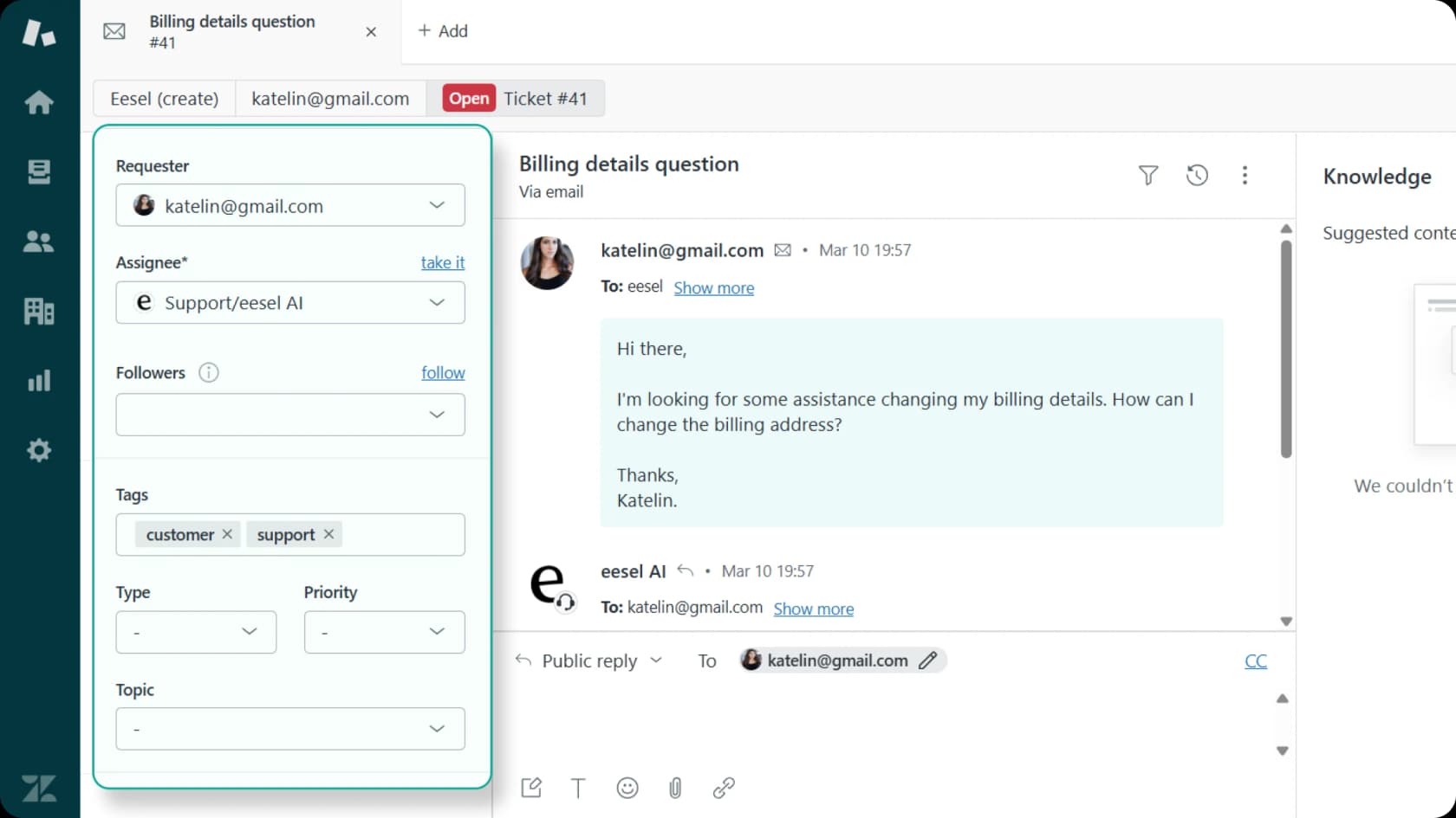 A Zendesk ticket with the Topic field in the properties panel, next to a conversation handled by an AI teammate.