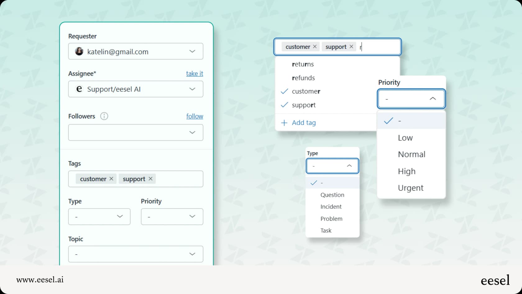 The Zendesk ticket properties panel showing tags, type, priority, and the Topic field.
