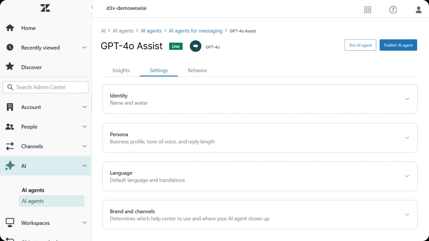 Uma captura de ecrã do painel de configurações de IA do Zendesk mostrando as opções de configuração do GPT-4o para uma comparação entre GPT-4o, Claude 3 e Gemini 1.5.