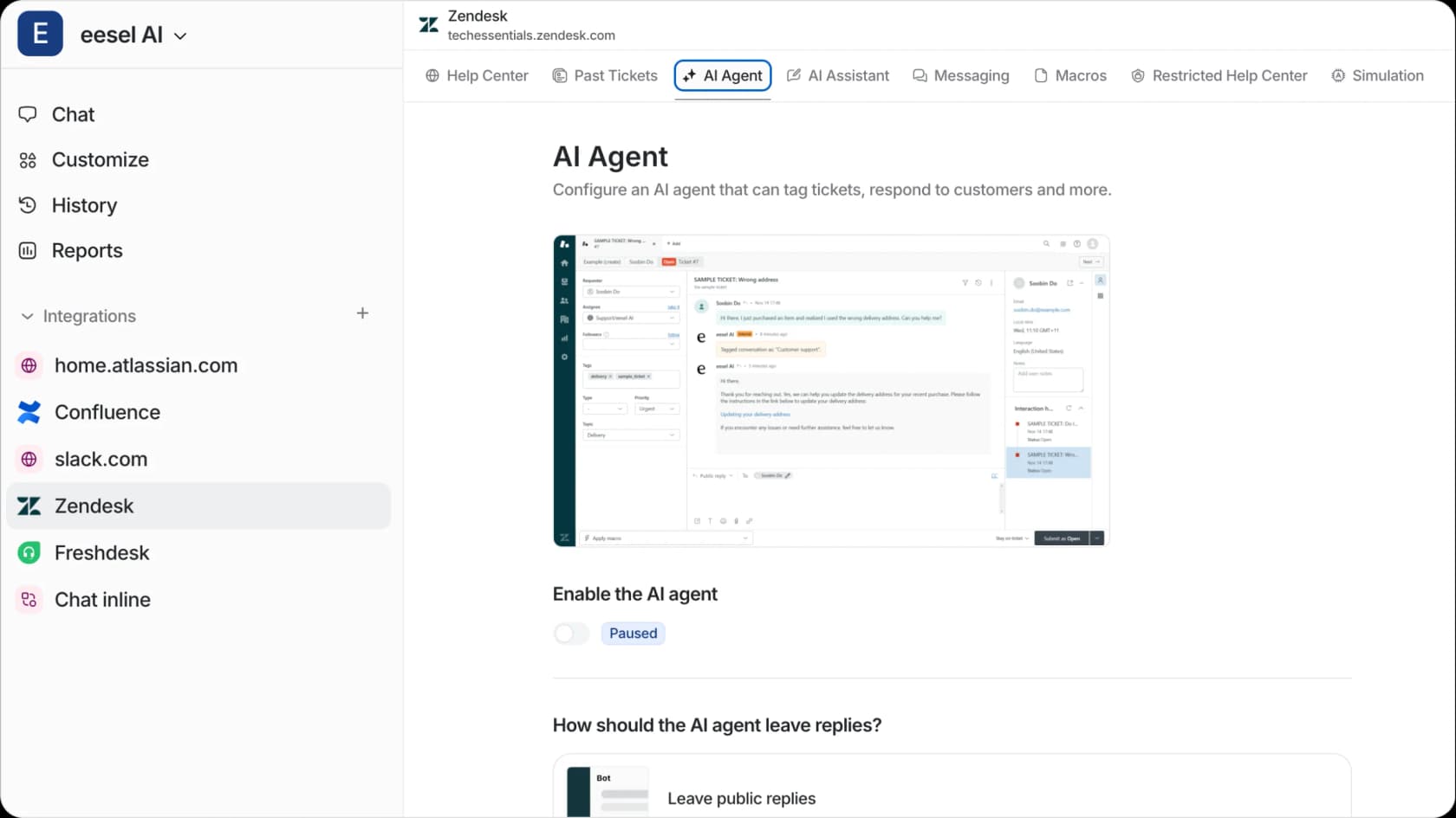 Une capture d'écran du tableau de bord d'intégration d'eesel AI, mettant en évidence spécifiquement Zendesk et la section AI Agent, montrant différents paramètres.