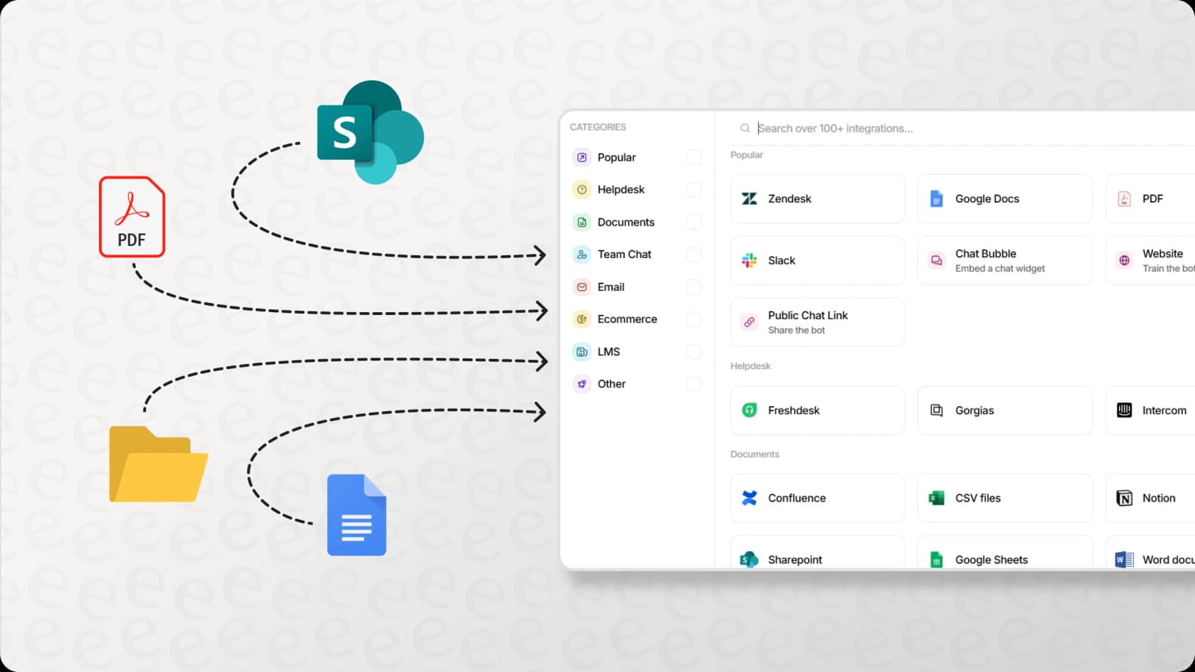 Un diagrama que muestra cómo el Agente de eesel AI aprende el contexto empresarial, una alternativa al asistente general de productividad Claude AI.