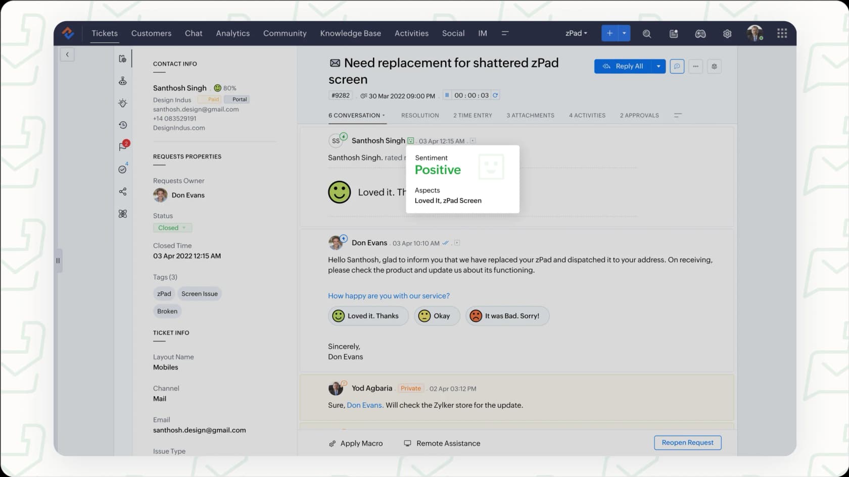 Zoho Desk Zia's sentiment analysis feature.