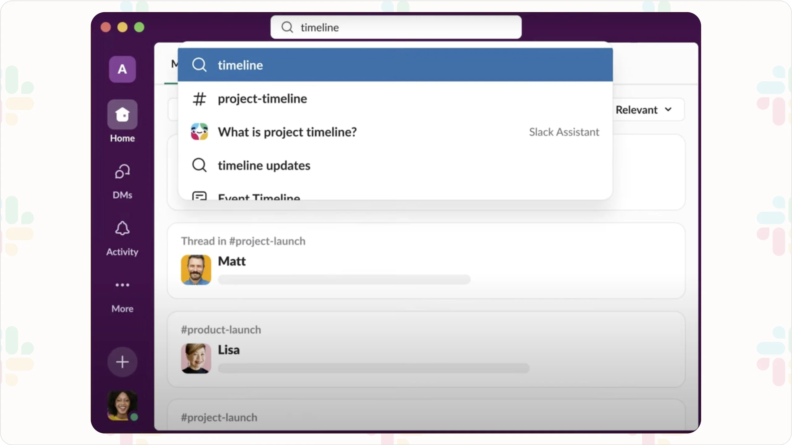 Slack search showing suggested channels or messages.