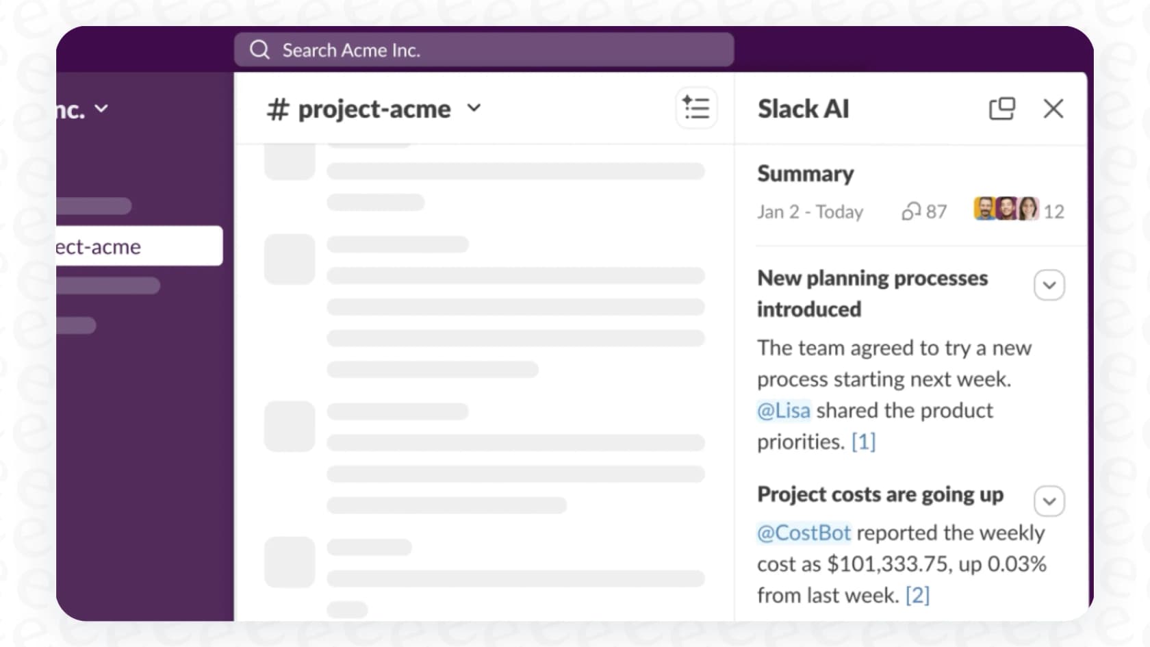 Die Konversationszusammenfassungsfunktion von Slack AI.