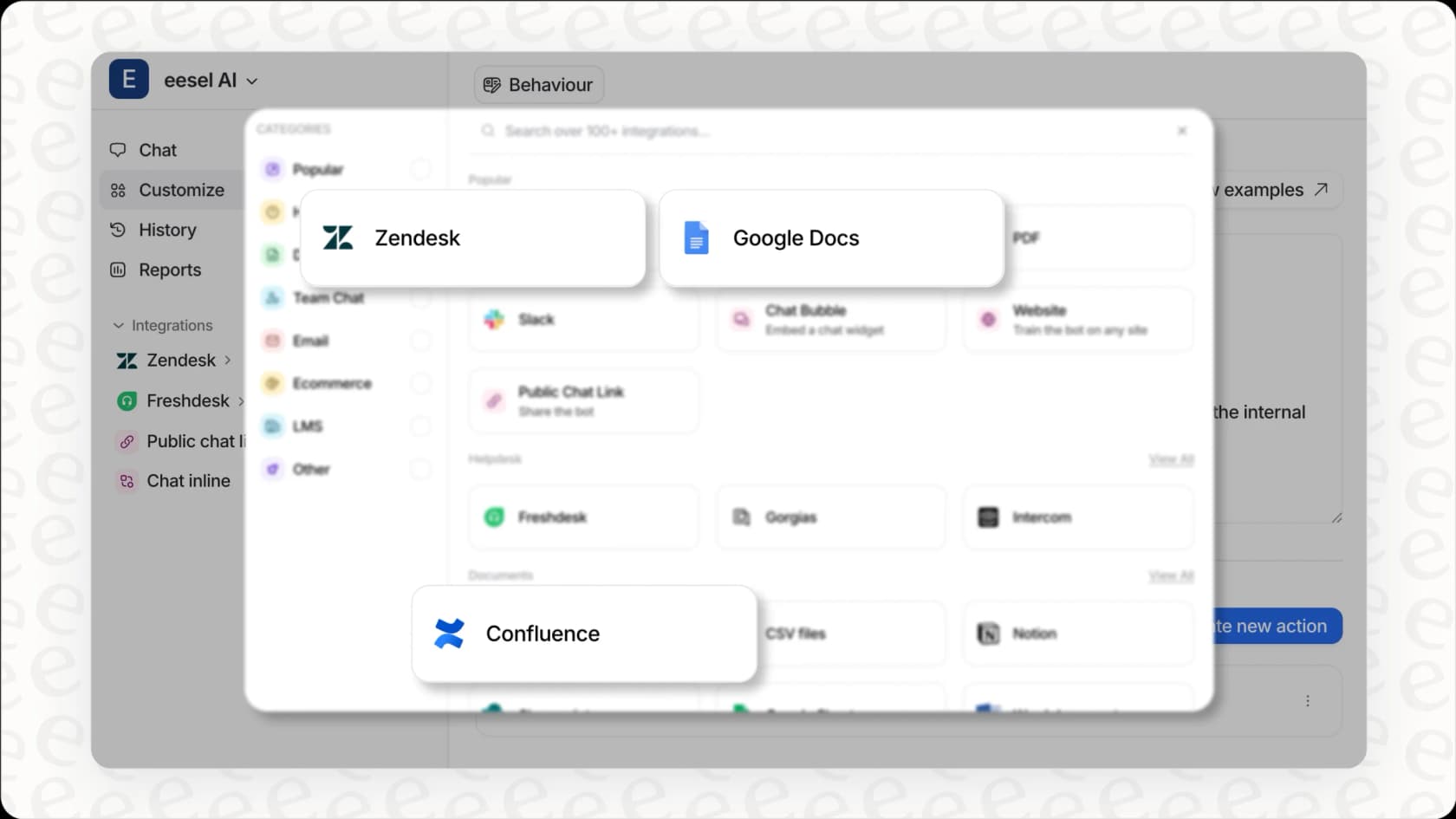 eesel AI-Dashboard zeigt mehrere Wissensquellen-Integrationen.
