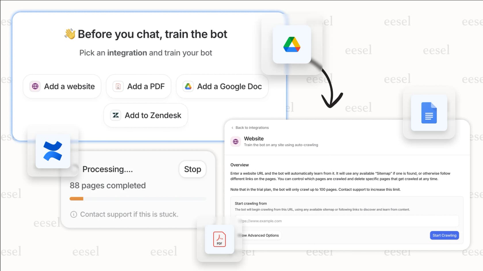 Captura de tela mostrando o eesel AI treinando em documentos para auxiliar os fluxos de trabalho do helpdesk.