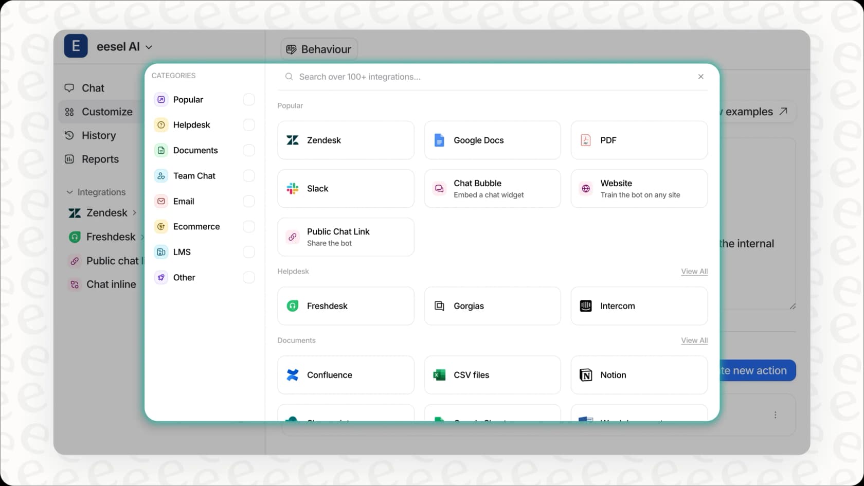 eesel AI integrations page showing easy connections for enhancing lead generation and sales automation.