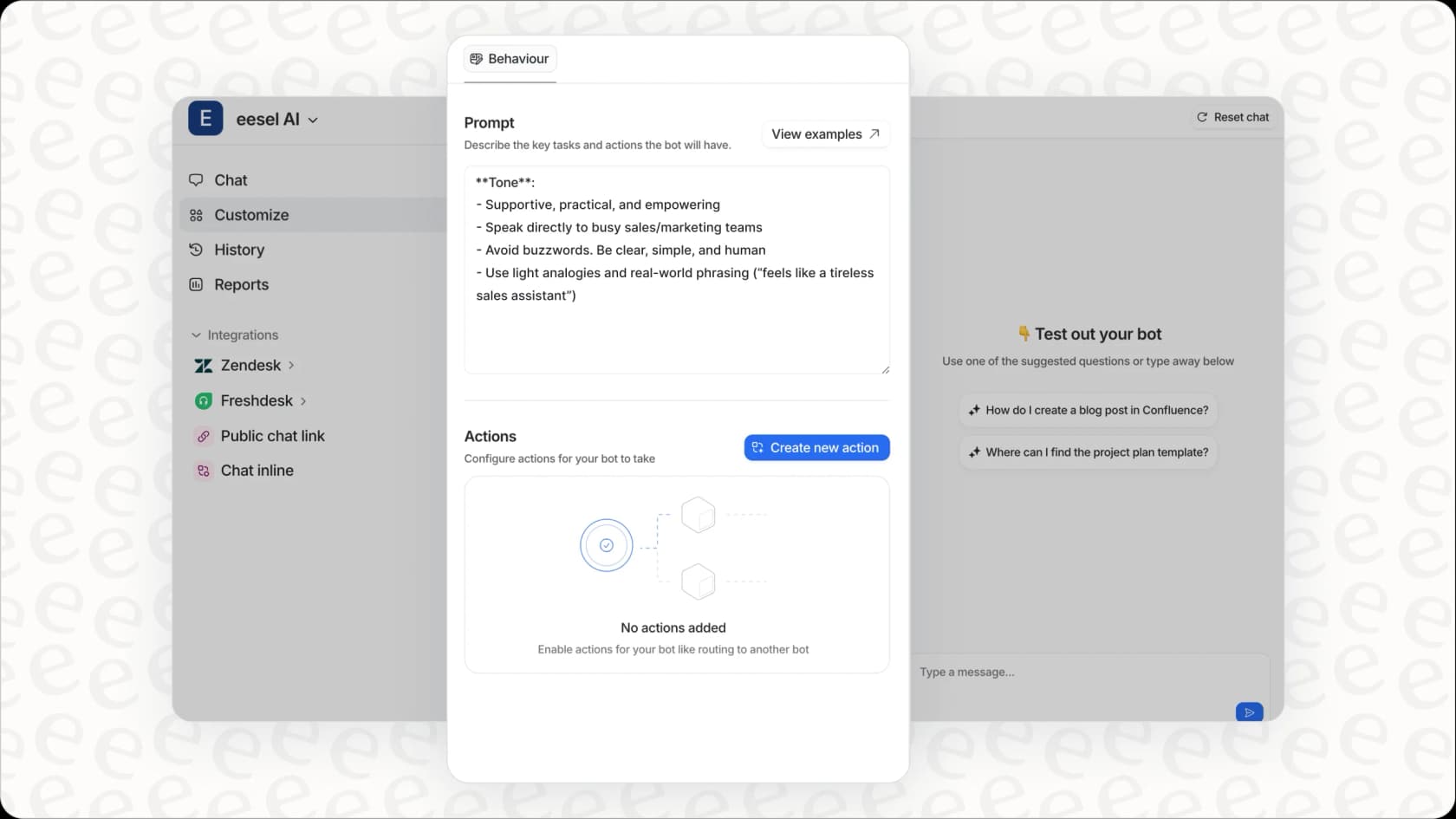 eesel AI configuration interface for customizing behavior and actions to boost lead generation and sales automation.