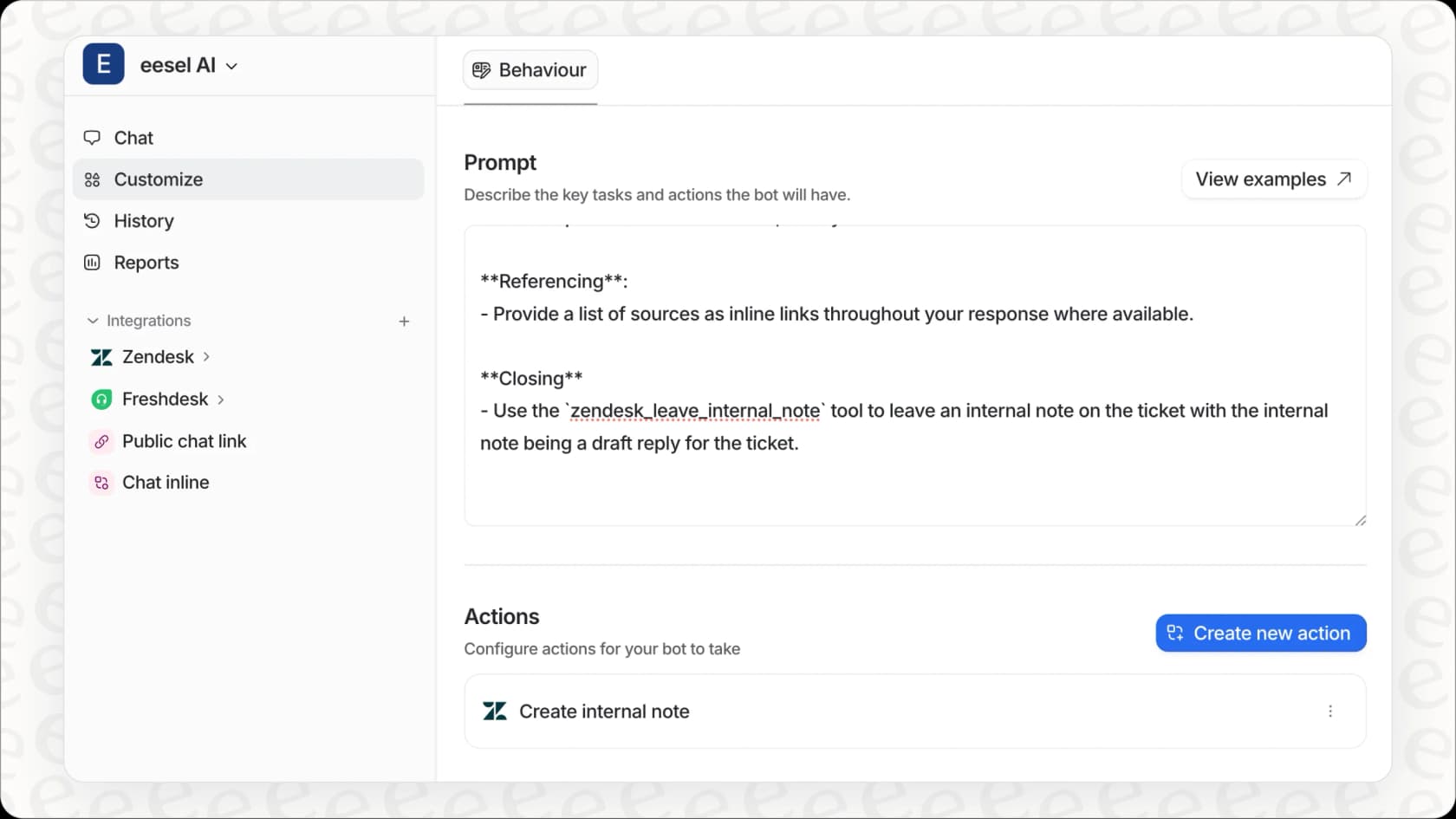 eesel AI customization panel showing configured prompts.
