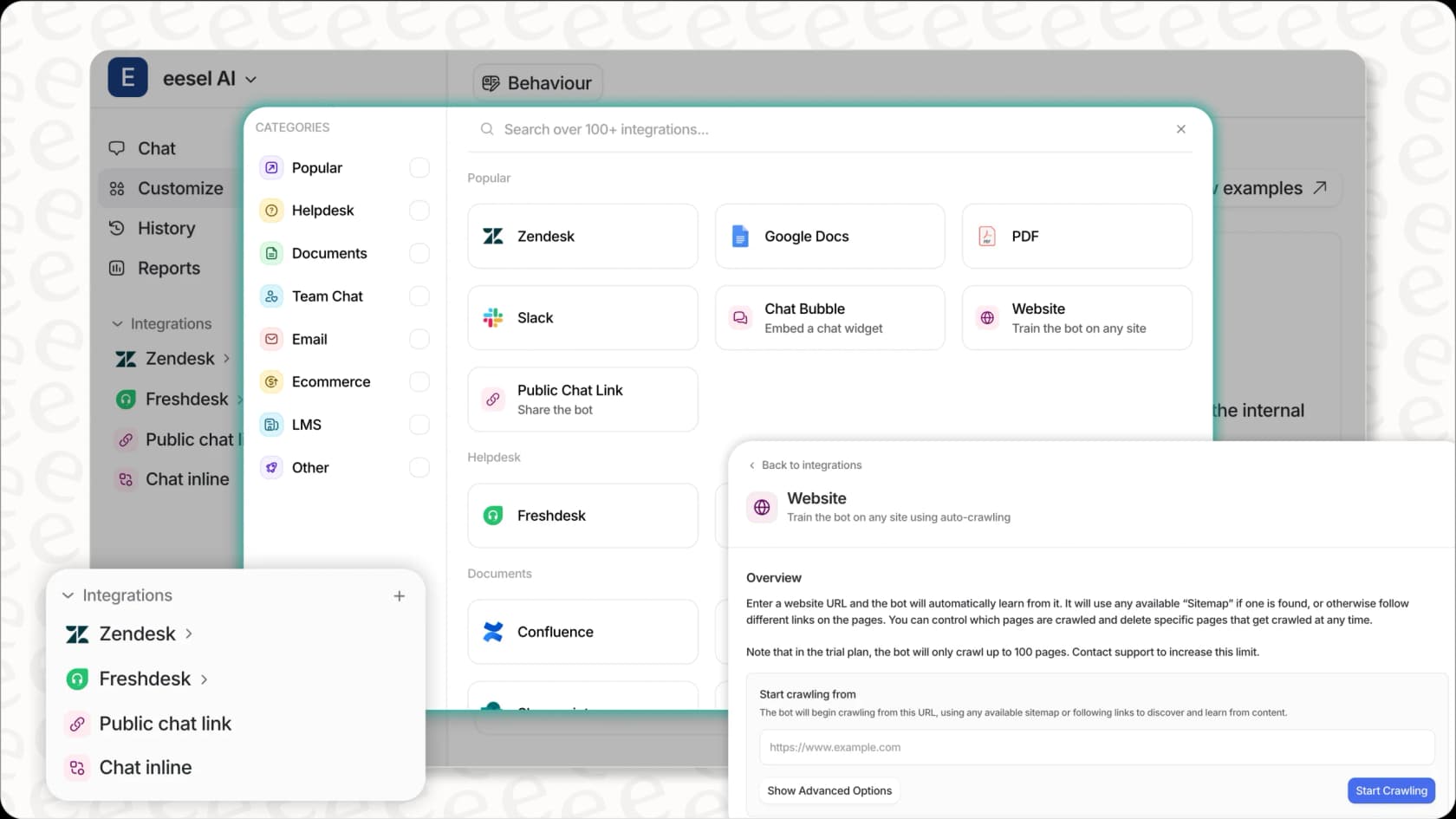 eesel AI integrations page highlighting diverse connection options.