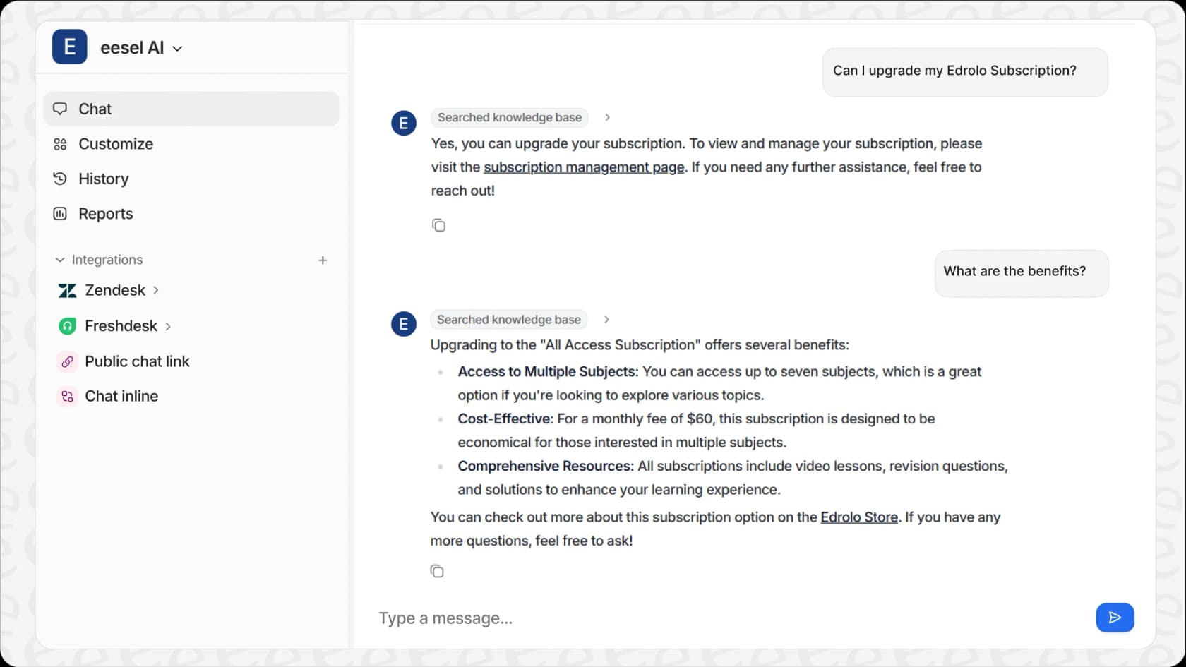 An overview of eesel AI's Helpdesk AI, showing how it provides secure, company-specific knowledge for businesses, unlike the consumer-focused ChatGPT Health.