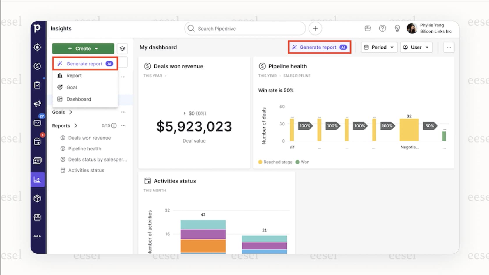 A view of the Pipedrive dashboard showing where the Pipedrive AI features, like the Sales Assistant and email writer, appear for users.