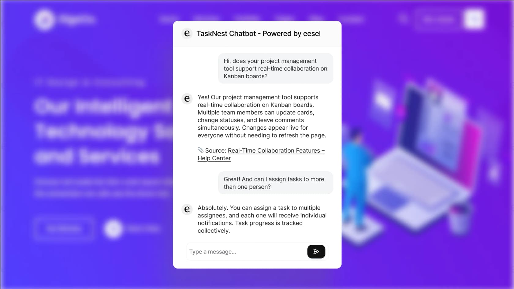 The eesel WordPress AI chatbot answering a user question on a website, demonstrating its ability to pull information from a business