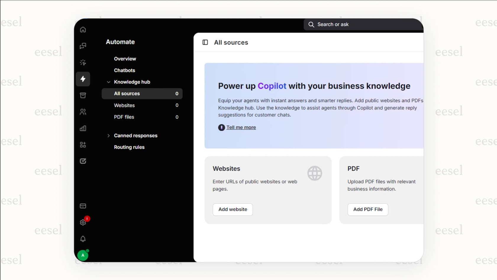 Screenshot of the LiveChat AI admin panel showing the data sources section, with options to add a website URL, upload a PDF file, and connect a Notion page.