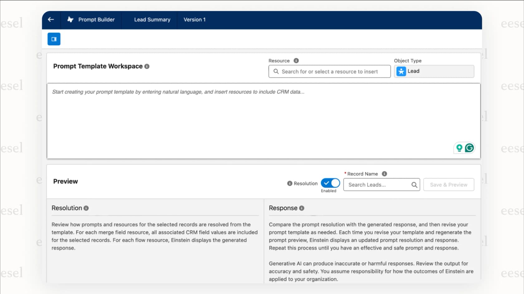 The Salesforce Prompt Builder interface, which allows developers to customize what AI does Salesforce use for specific tasks.