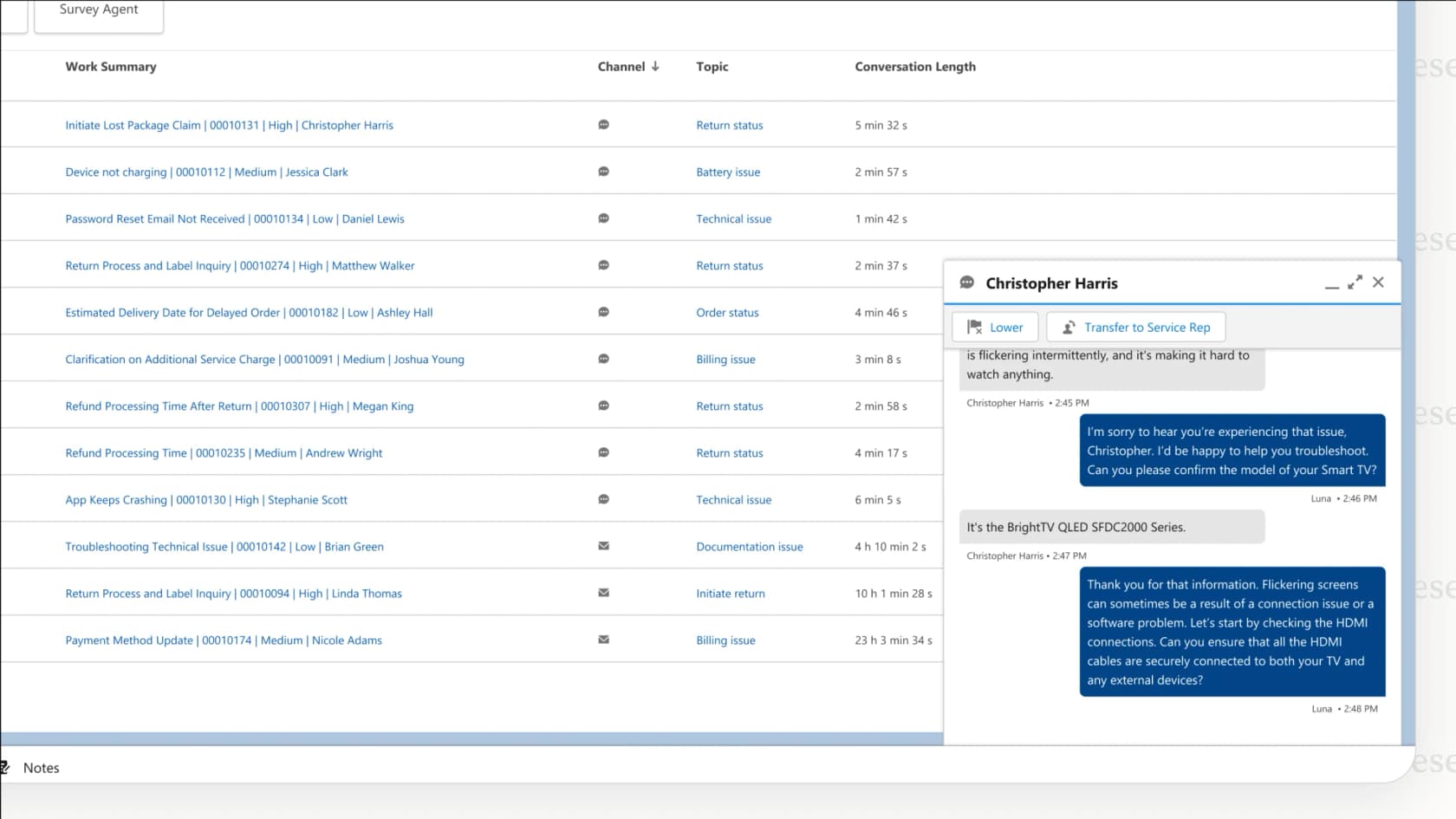 A screenshot of the Agentforce Service Agent interface, showing how the AI handles a customer query within the dashboard, demonstrating a key feature of Agentforce customer service.