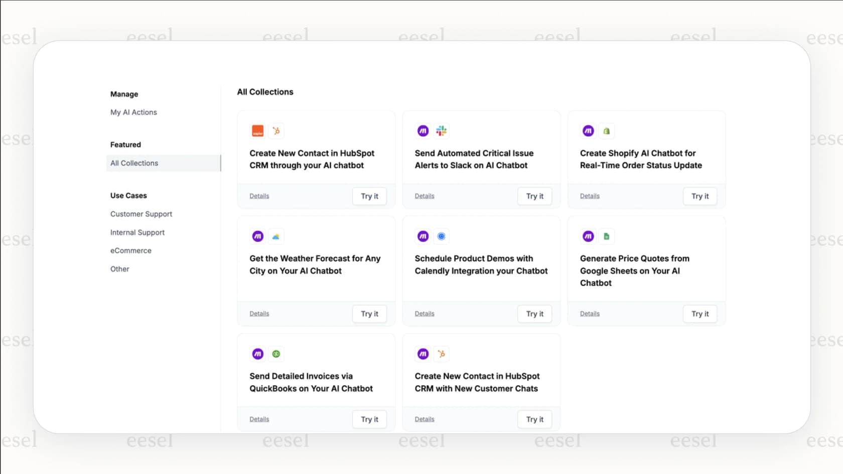 Screenshot of the LiveChat AI "AI Actions" interface, displaying options to create a new action and connect to external applications like Shopify or Zapier.