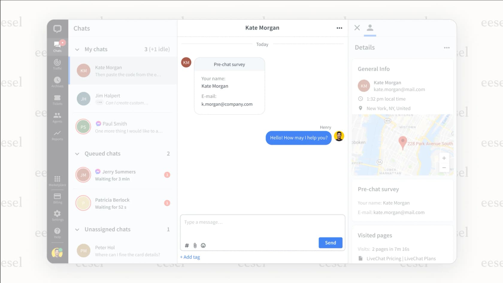 Screenshot of the LiveChat AI agent inbox. The screen shows the full conversation history with the bot, and a notification that the chat has been transferred to a human agent for assistance.