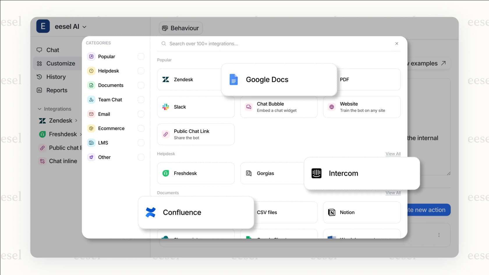 eesel AI's integrations library, showing its wide range of connections.