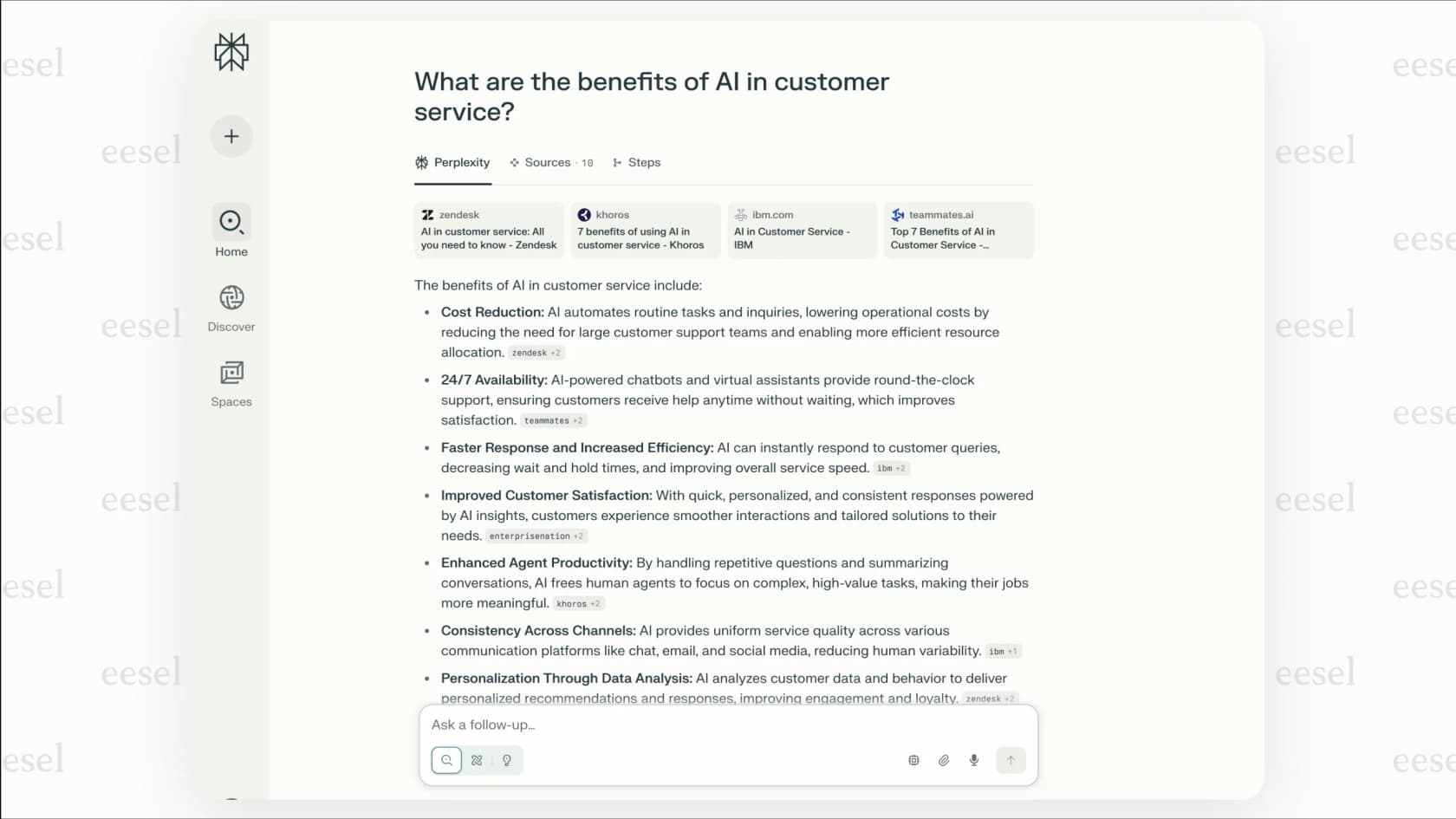 Ein Screenshot der Perplexity AI-Oberfläche, einer ChatGPT-Alternative, die Antworten mit überprüfbaren Quellenangaben liefert, um Genauigkeit zu gewährleisten.