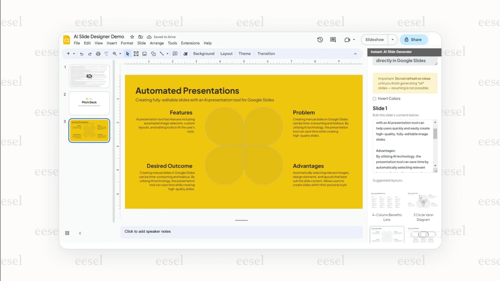 Ein Screenshot, der zeigt, wie die Google Drive AI ein Präsentationsdeck aus einer einfachen Texteingabeaufforderung in Google Slides generiert.