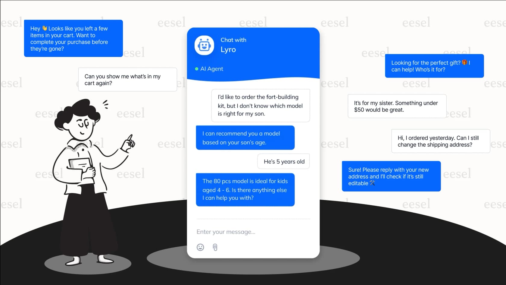 A demonstration of the Tidio WordPress AI chatbot providing an automated response to a customer query in a live chat window.