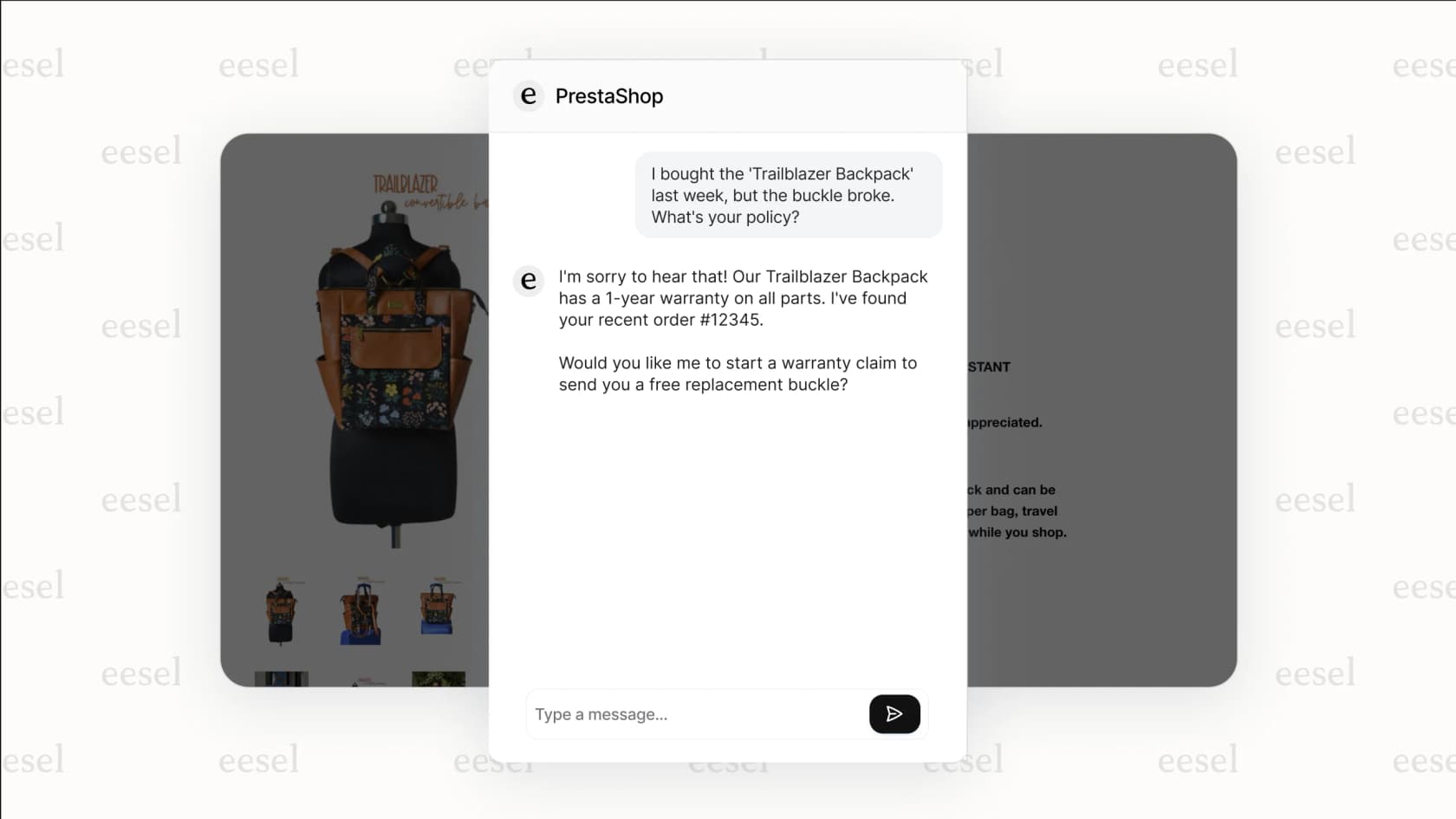 Ein intelligenter Prestashop AI-Chatbot, der eine Anfrage zum Kundensupport nach dem Kauf bearbeitet.