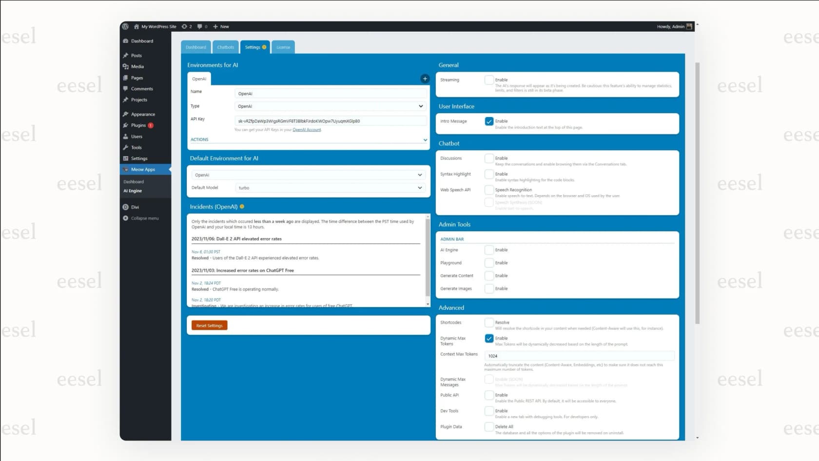 The backend settings of the AI Engine WordPress AI plugin, highlighting the API key connection for custom AI implementation.