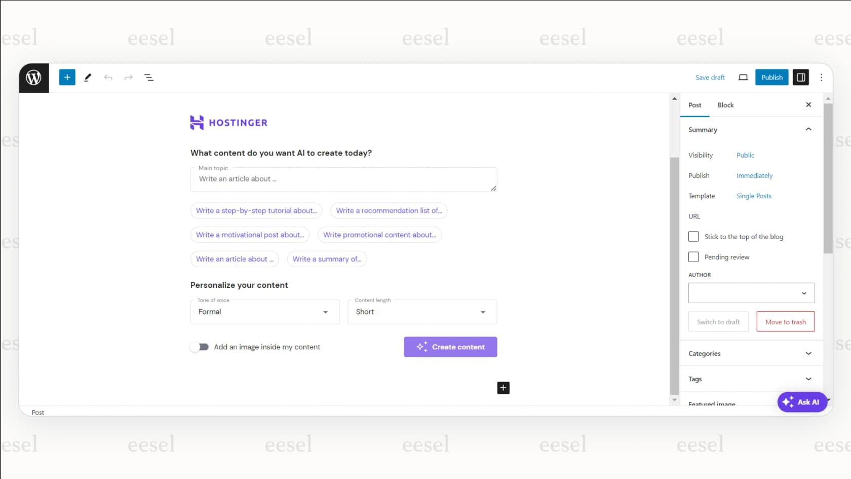 The user interface of the Hostinger WordPress AI Assistant, demonstrating its one-click article generation from a simple text prompt.