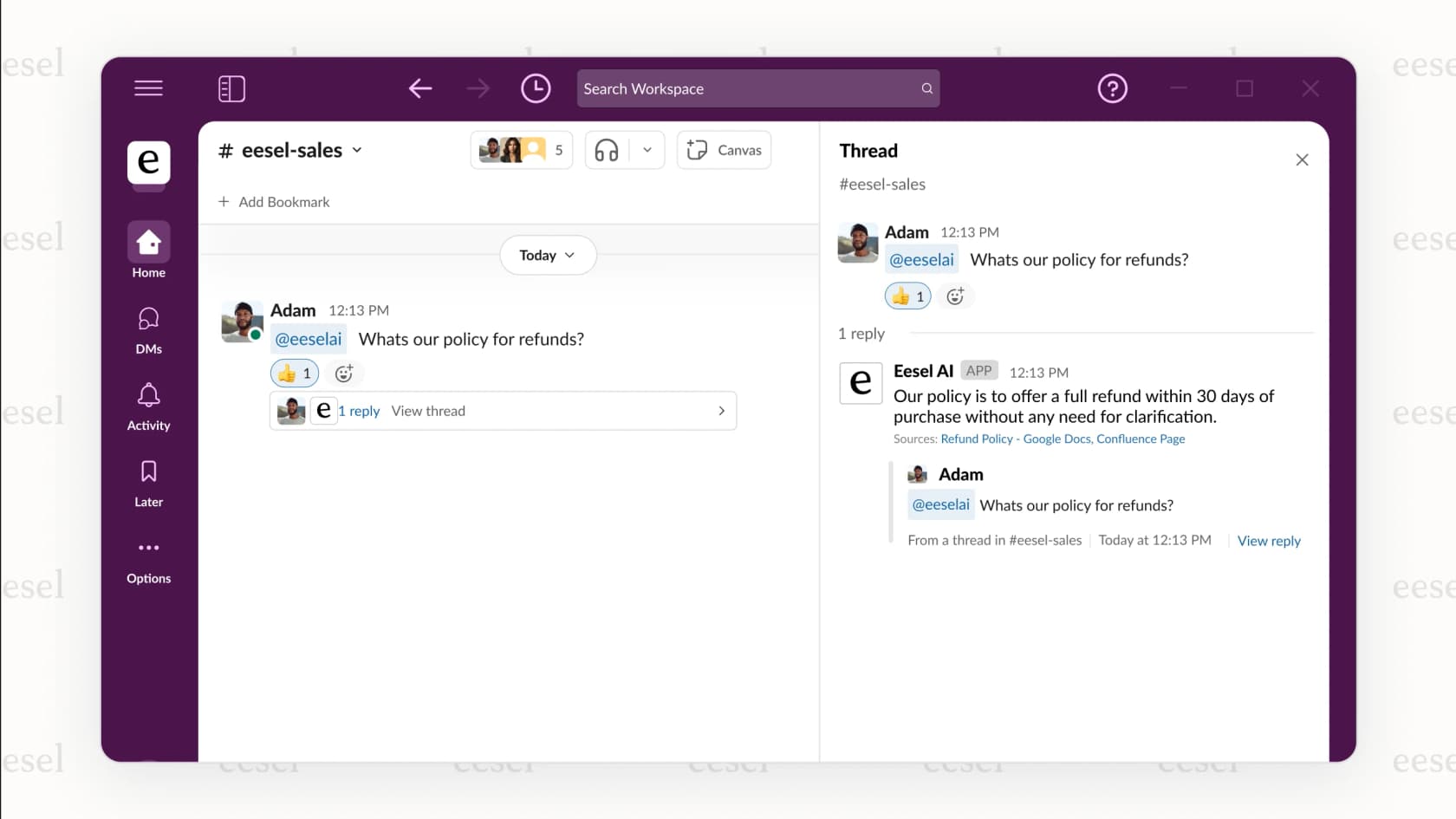 Ein Screenshot einer intelligenten Such-Google-Drive-AI, die eine Antwort in Slack mit Quellen aus sowohl einem Google Doc als auch einer Confluence-Seite liefert.