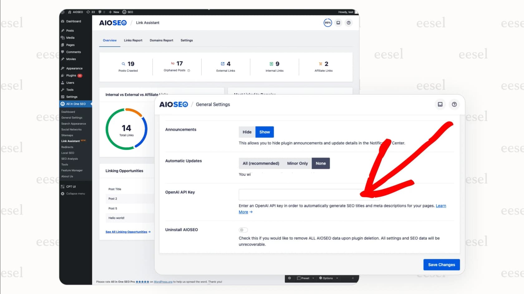 Screenshot of AIOSEO plugin in WordPress generating AI-powered meta descriptions for SEO optimization.
