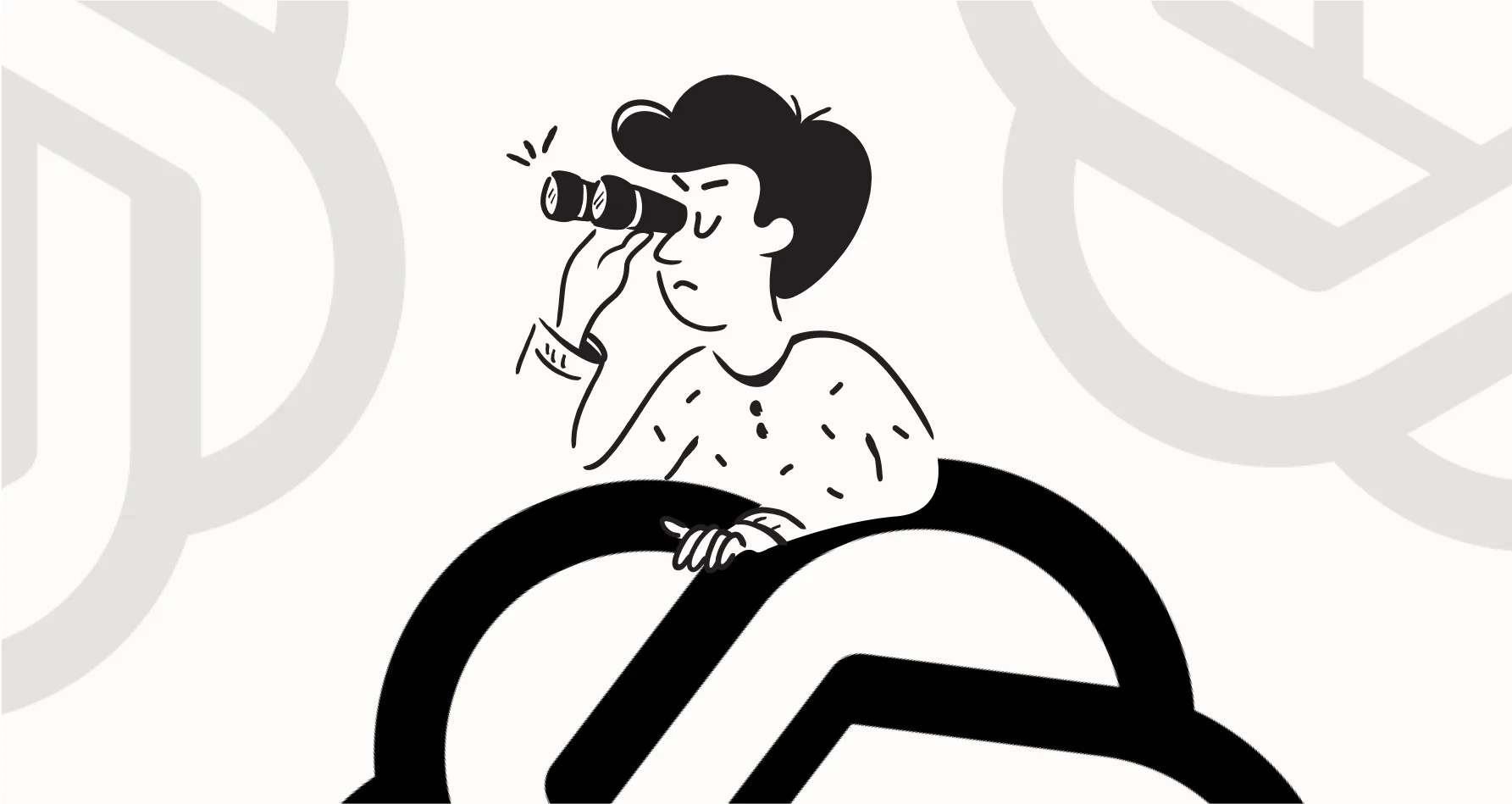 Illustrated person looking through binoculars over a large black looped shape, with pale OpenAI symbols behind them