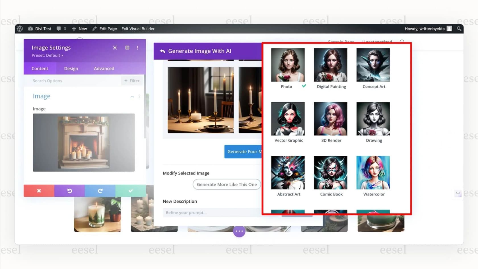 Screenshot of Divi AI interface in WordPress generating AI images for a website design.