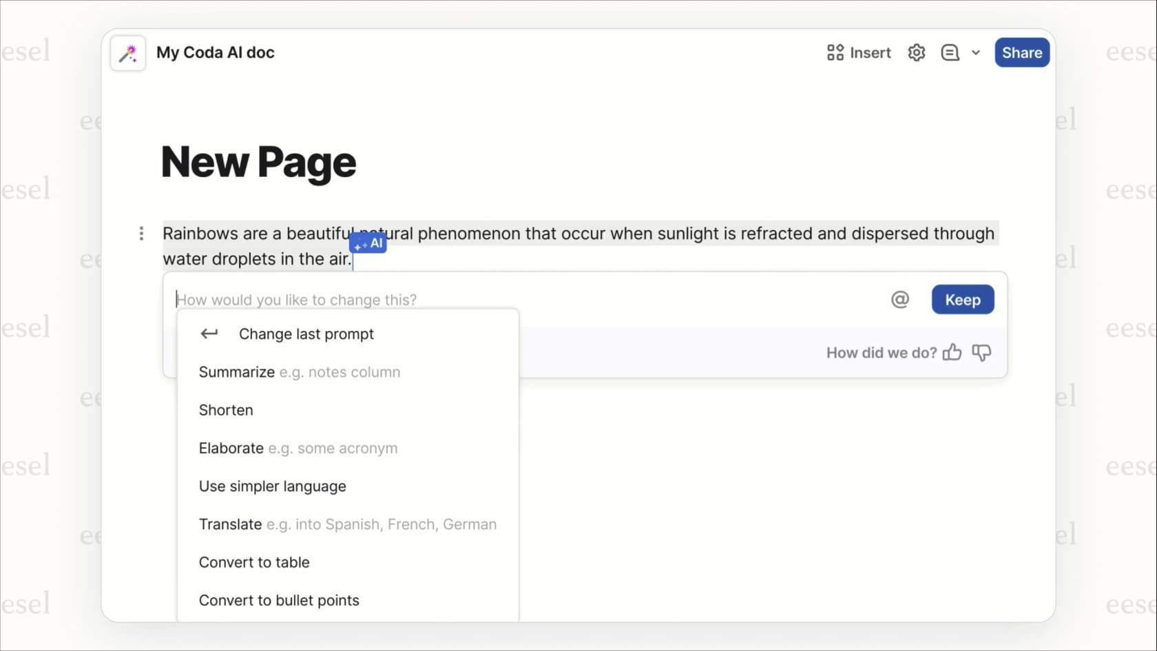 Using the Coda AI assistant for content creation.