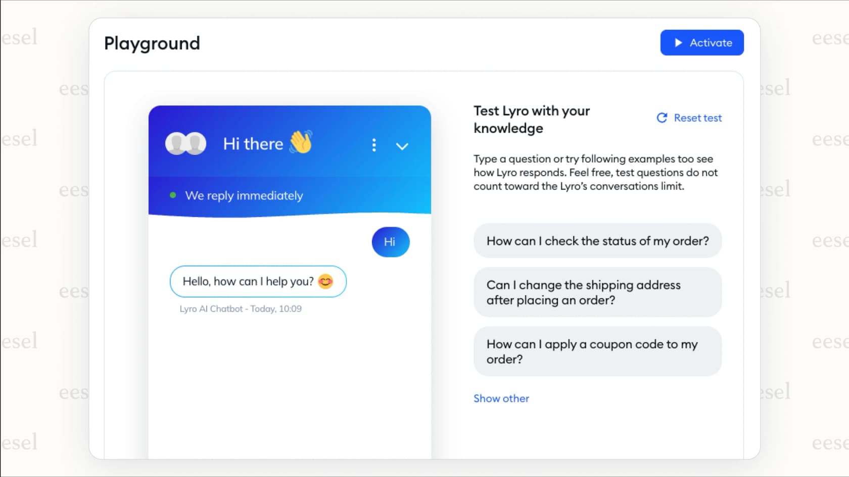 Probando respuestas de chatbot en el Tidio AI Playground.