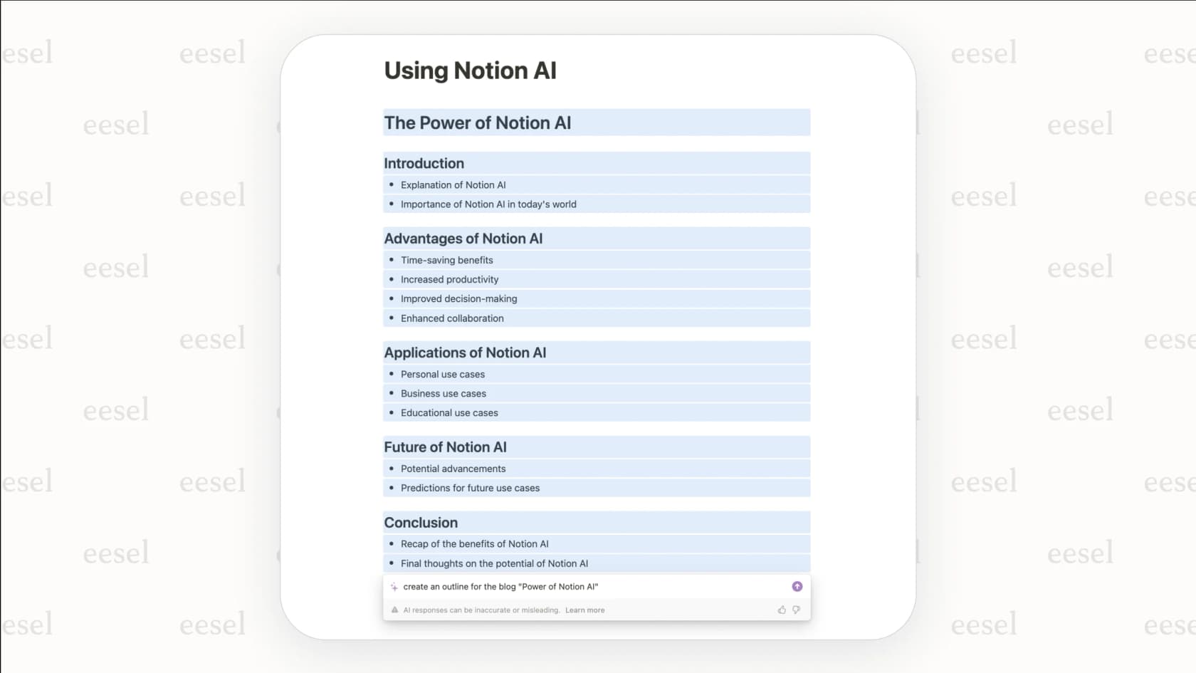 Using Notion AI to generate a blog post draft.